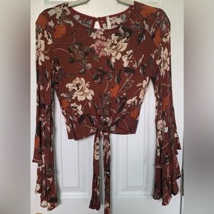 Floral Bell Sleeve Tie-Front Top